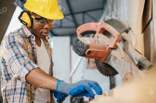 Preview: Construction worker in a yellow helmet using a chop saw to cut wood, with a vacuum cleaner