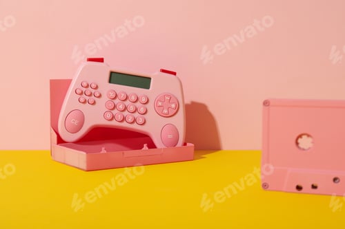 Preview: Cassette, case and calculator on yellow table on pink background