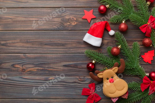 Preview: Christmas background with fir branches and Christmas decor. Top view, copy space for text