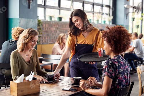 Preview: Two Female Friends Sitting At Table In Coffee Shop Being Served By Waitress