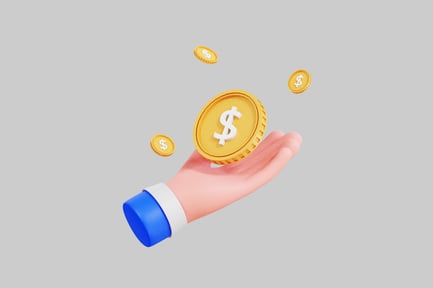Preview: Hand holding gold coin with falling currency
