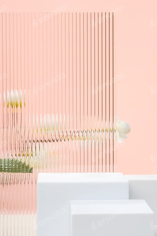 Preview: White block pedestal product display peach background with modern Transparency strip glass
