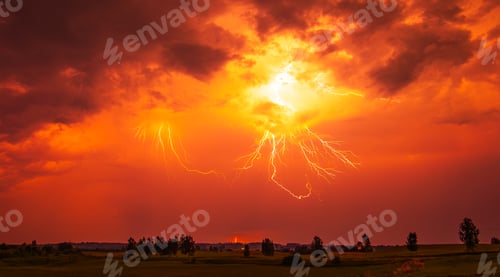 Preview: A stunning red sky lightning storm. Climate change concept