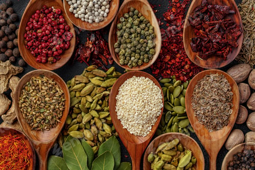 Preview: Background of variety of different vivid spices in wooden spoons