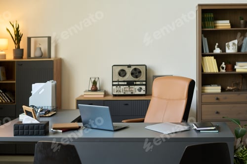 Preview: Empty Psychologist Office Interior Featuring Desk Laptop and Therapy Materials