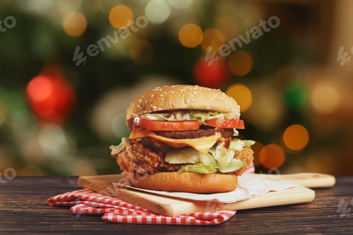 Preview: Beef burger on wooden board ,Christmas night dinner.