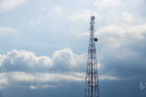 Preview: 5G Telecom signal tower. Telecommunication Tower on blue cloudy storm sky