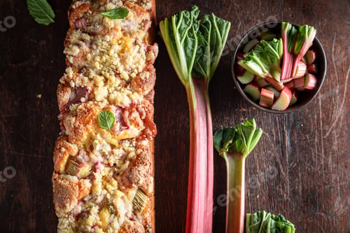 Preview: Homemade and sweet rhubarb yeast cake as traditional summer cake.
