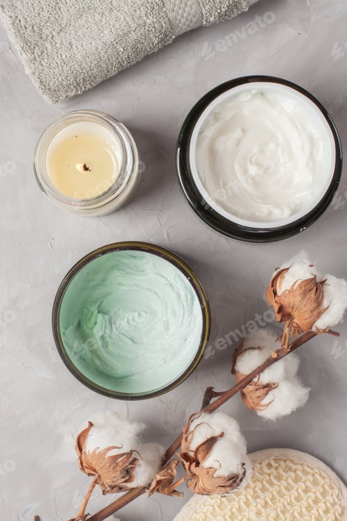 Preview: Various spa related objects on gray background, top view
