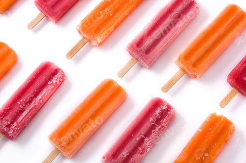 Preview: Orange and strawberry popsicles on ice cubes.