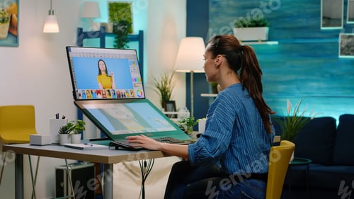 Preview: Woman photographer using touch screen computer