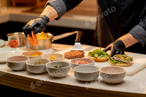 Preview: close-up professional kitchen in the hotel restaurant chef prepares the ingredients for the burger