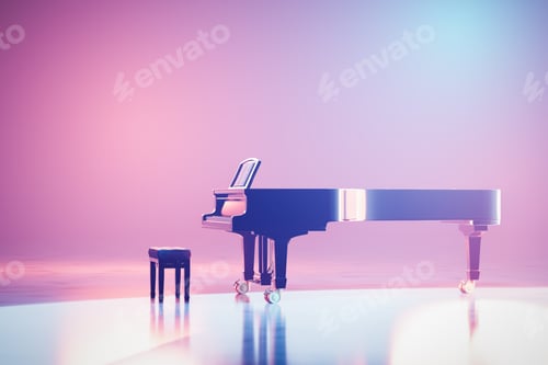 Preview: Classic grand piano keyboard in neon spotlight