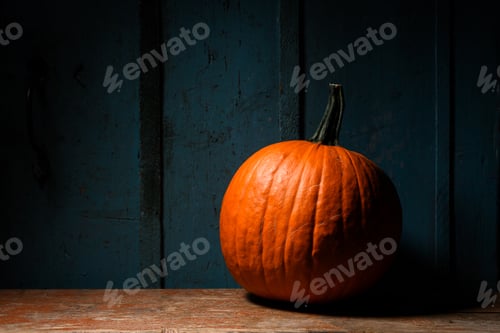 Preview: Large orange pumpkin on an old rusty wooden table