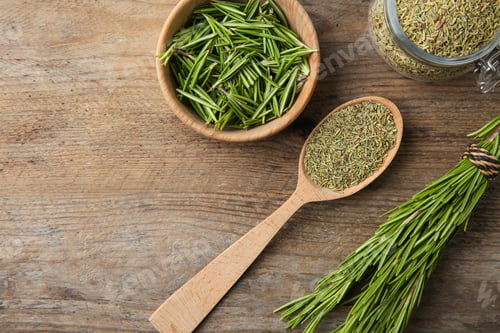Preview: Dried rosemary and fresh twigs on wooden background, flat lay