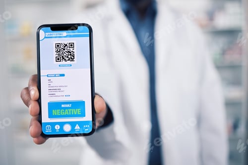 Preview: Doctor, hands and phone with QR code for healthcare results, advertising or screening at pharmacy.