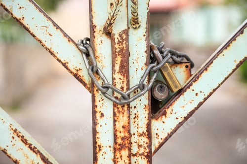 Preview: Old metal gate locked with padlock