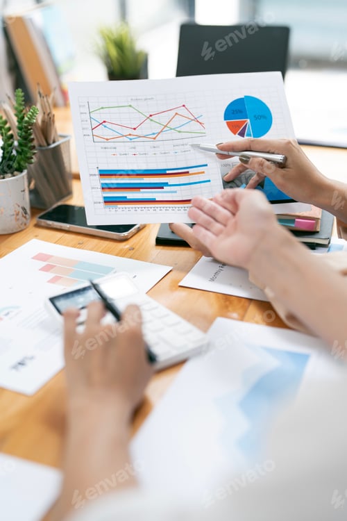 Preview: business people talking, planning analyze investment and marketing on tablet in office.