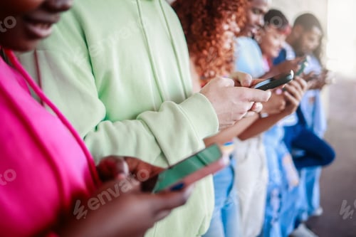 Preview: Group of people hold mobile phones using social media apps. Smartphone addiction, technology