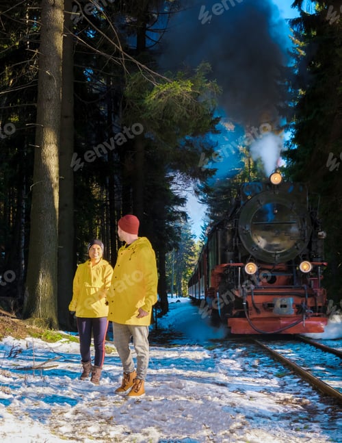 Preview: couple of men and women watching the steam train during winter in the snow in the Harz Germany