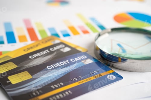 Preview: Credit card on graph. Finance development, Banking Account, Statistics,