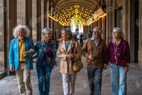 Preview: Senior friends enjoying urban travel walking under colonnade lights