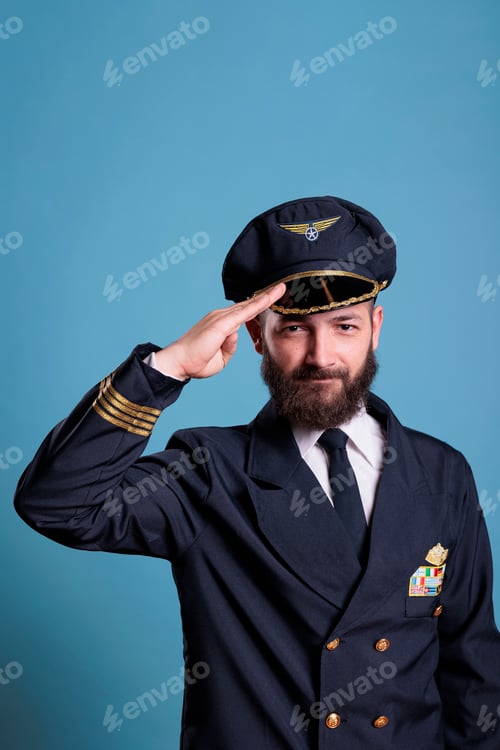 Preview: Smiling plane pilot saluting