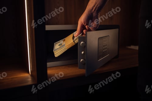 Preview: Man putting cash savings into safe box.