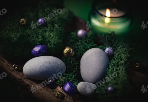 Preview: Lilac, golden stone lies in the bark of a tree with green moss, gray stones and a burning candle on