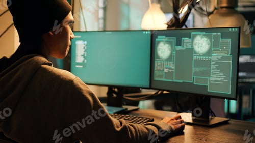 Preview: Male thief exploiting server vulnerability and breaking into firewall encryption