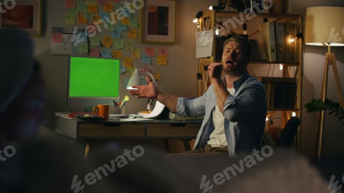 Preview: Happy guy singing home emotionally closeup. Active man using online karaoke app