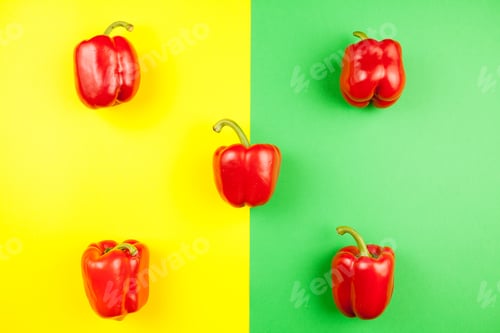 Preview: Top view on five fresh sweet red peppers