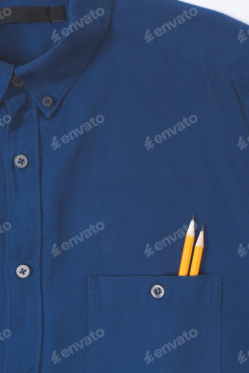 Preview: close-up view of stylish blue shirt with pencils in pocket