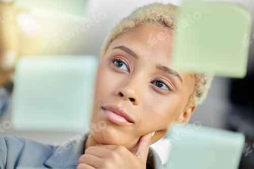 Preview: Thinking, planning and business woman in office with sticky note goal, idea or brainstorm solution.