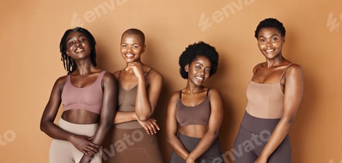 Preview: Friends, face or African models with beauty, glowing skin or results isolated on brown background.