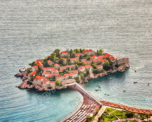 Preview: sunset view of Adriatic coast and islet Sveti Stefan from church st. Sava viewpoint near Budwa
