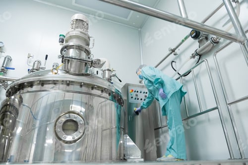 Preview: Pharmaceutical factory woman worker in protective clothing operating production line in sterile