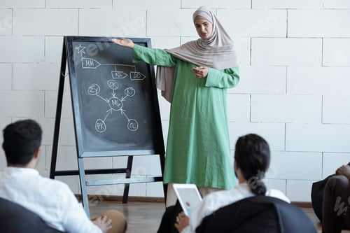 Preview: Confident Arabic female explaining diagram on blackboard
