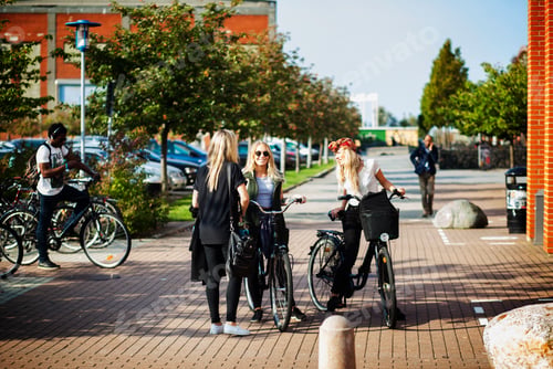 Preview: Happy female friends with bicycles standing at college campus