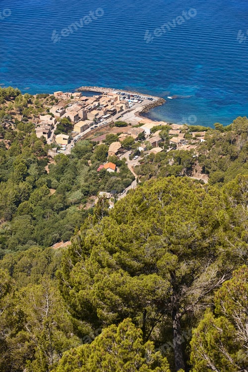 Preview: Balearic islands mediterranean coastline. Picturesque village Valldemossa harbor. Mallorca