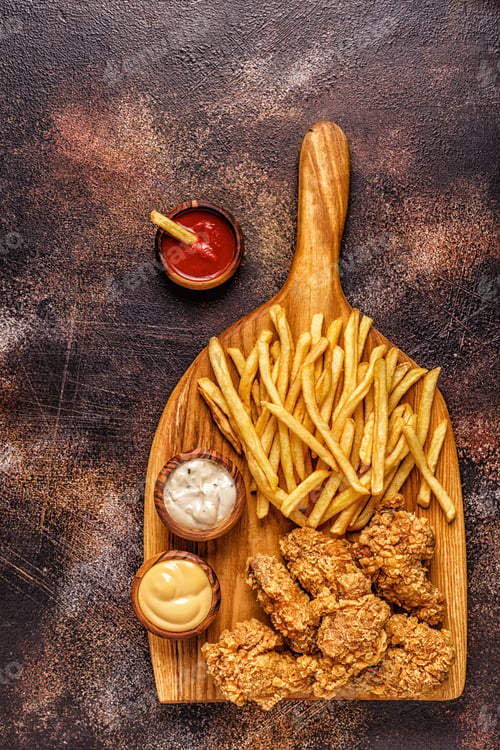 Preview: Fried chicken wings with french fries.