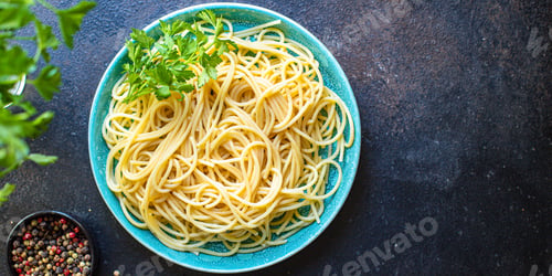 Preview: Spaghetti Pasta Second Course Ready To Eat On The Table Meal Snack Top View Copy Space For Text