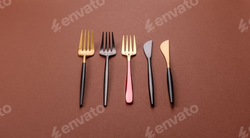 Preview: Knife and fork, cutlery on a brown dining table