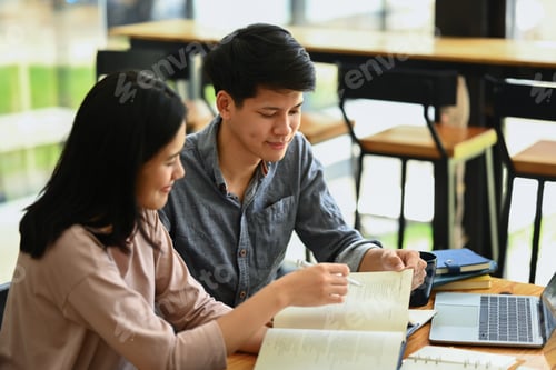 Preview: University students using laptop, preparing for final exams. Education, Learning and community.