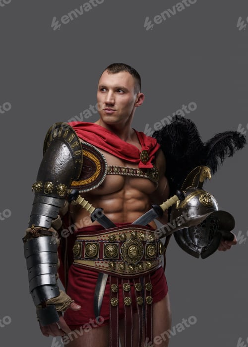Preview: Legendary roman gladiator with red cloak and plumed helmet