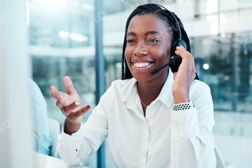 Preview: Communication, call center and black woman consulting at computer with professional customer online