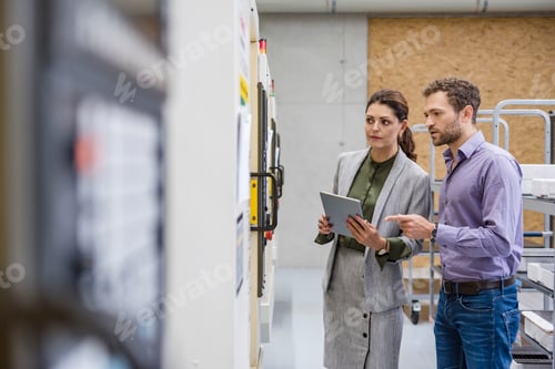 Preview: Businessman and woman having a meeting in high tech company