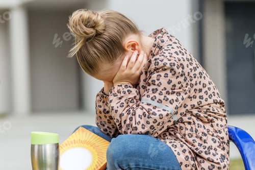 Preview: Stressed School Girl Sitting With Book. Back to school.