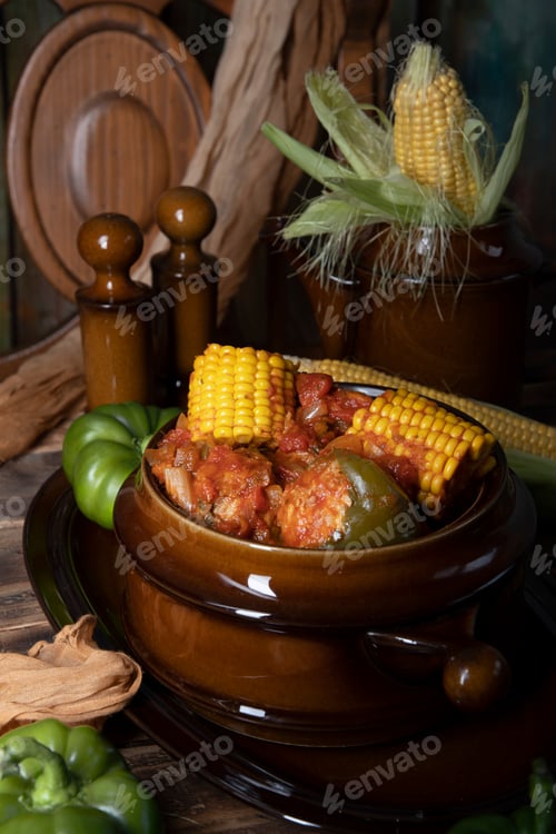 Preview: stuffed bell peppers with corn on the cob stewed in tomatoes,still life on wood