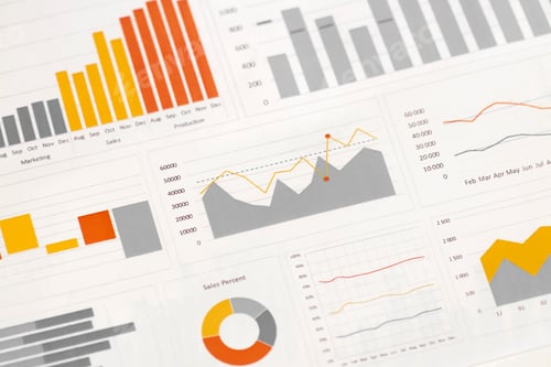 Preview: Business graphs and charts on table. Financial development, Banking Account, Statistics